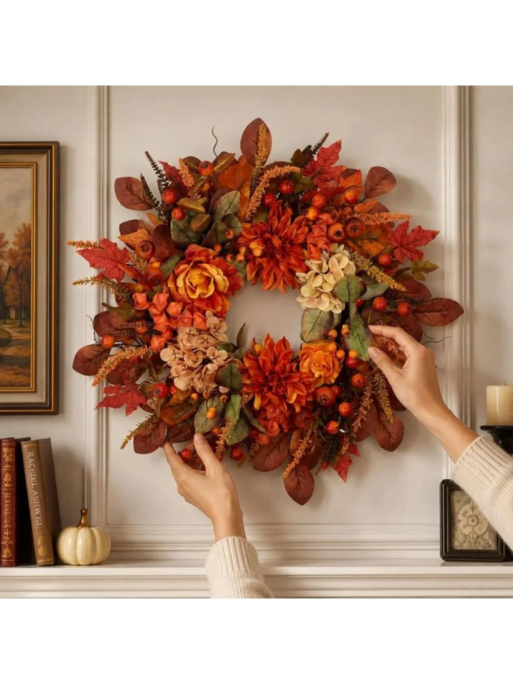 26-Inch Autumn Harvest Wreath for Front Door - Fall Decor with Dahlias, Maple